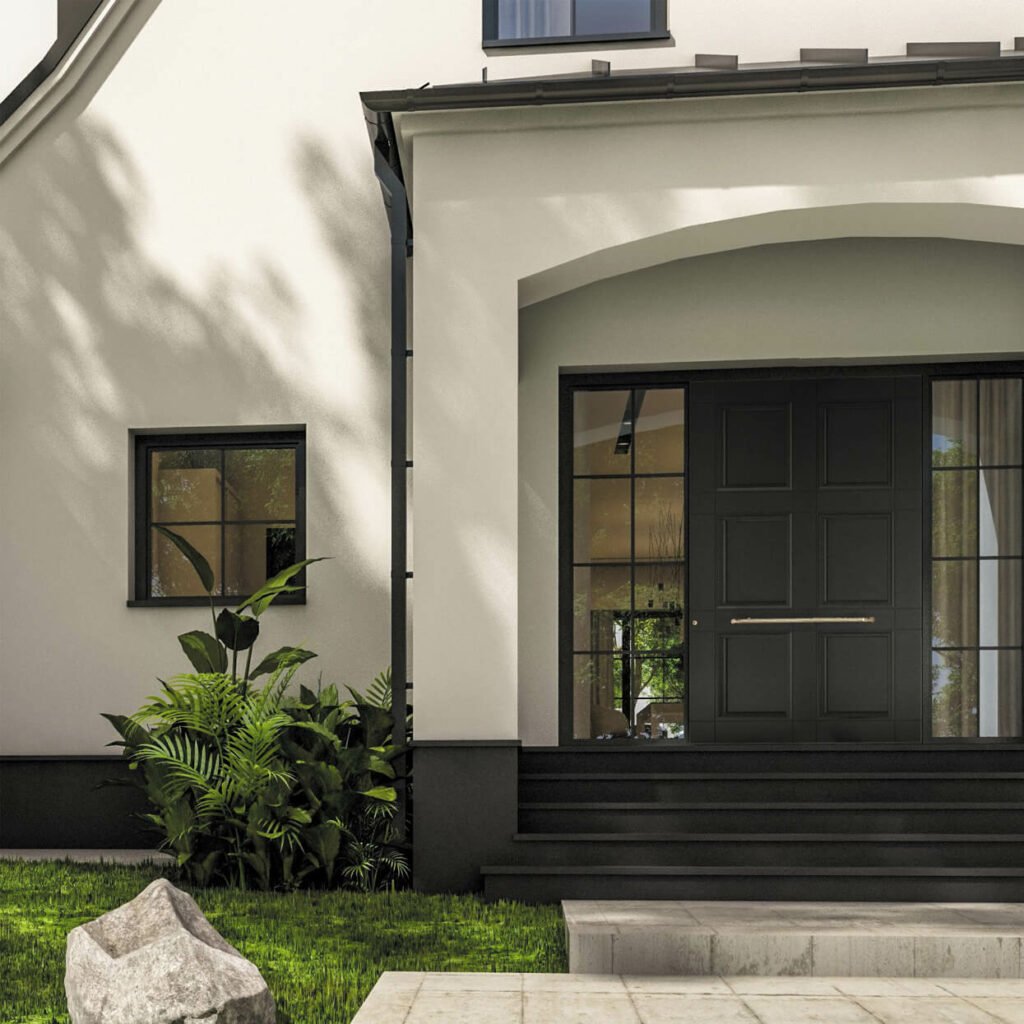 Modern home entrance featuring elegant Pivot doors with a sleek design and contemporary appeal