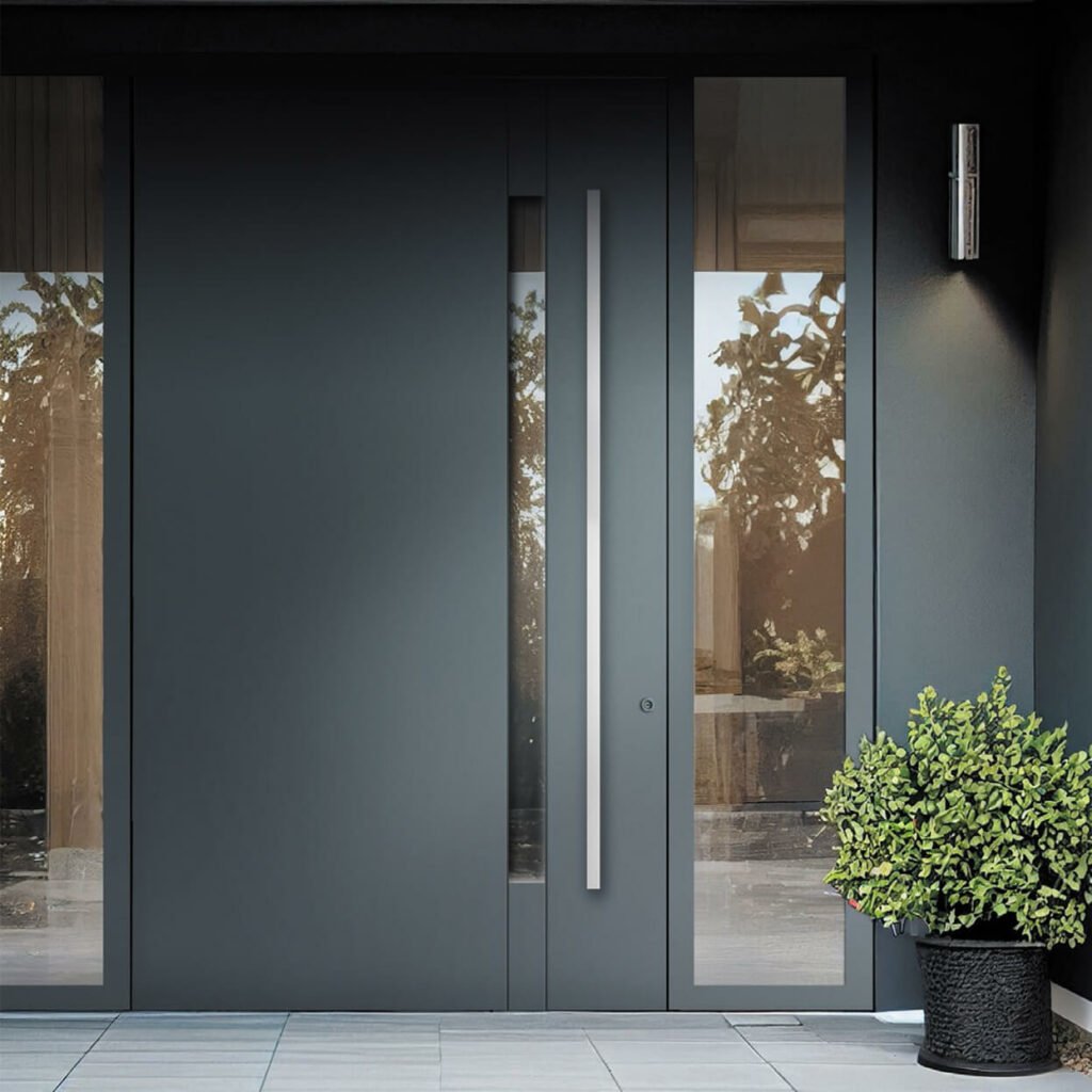 Modern home entrance featuring elegant Pivot doors with a sleek design and contemporary appeal
