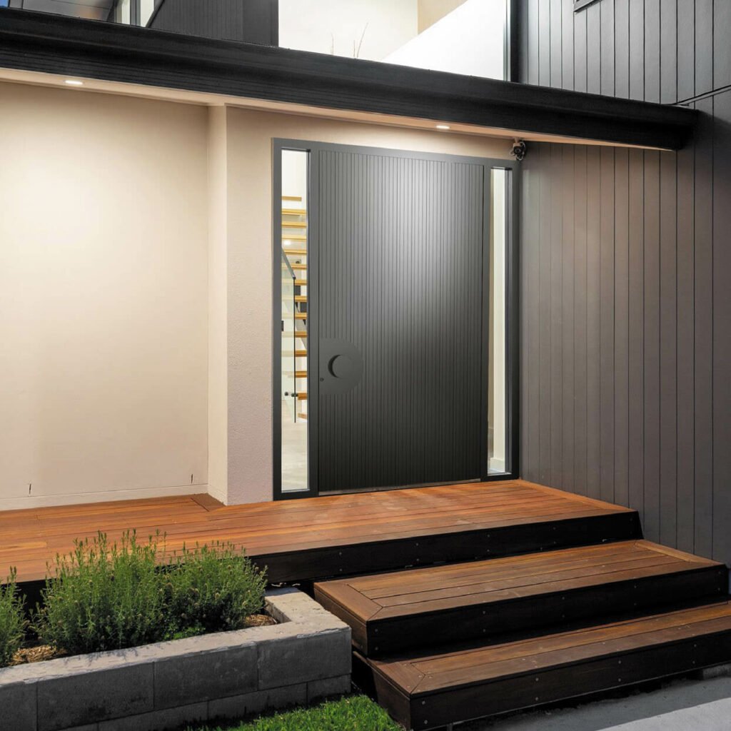 Modern home entrance featuring elegant Pivot doors with a sleek design and contemporary appeal