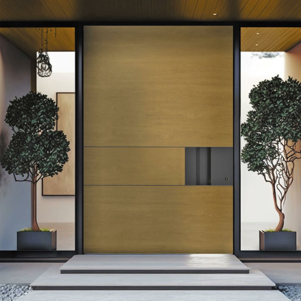 Modern home entrance featuring elegant Pivot doors with a sleek design and contemporary appeal