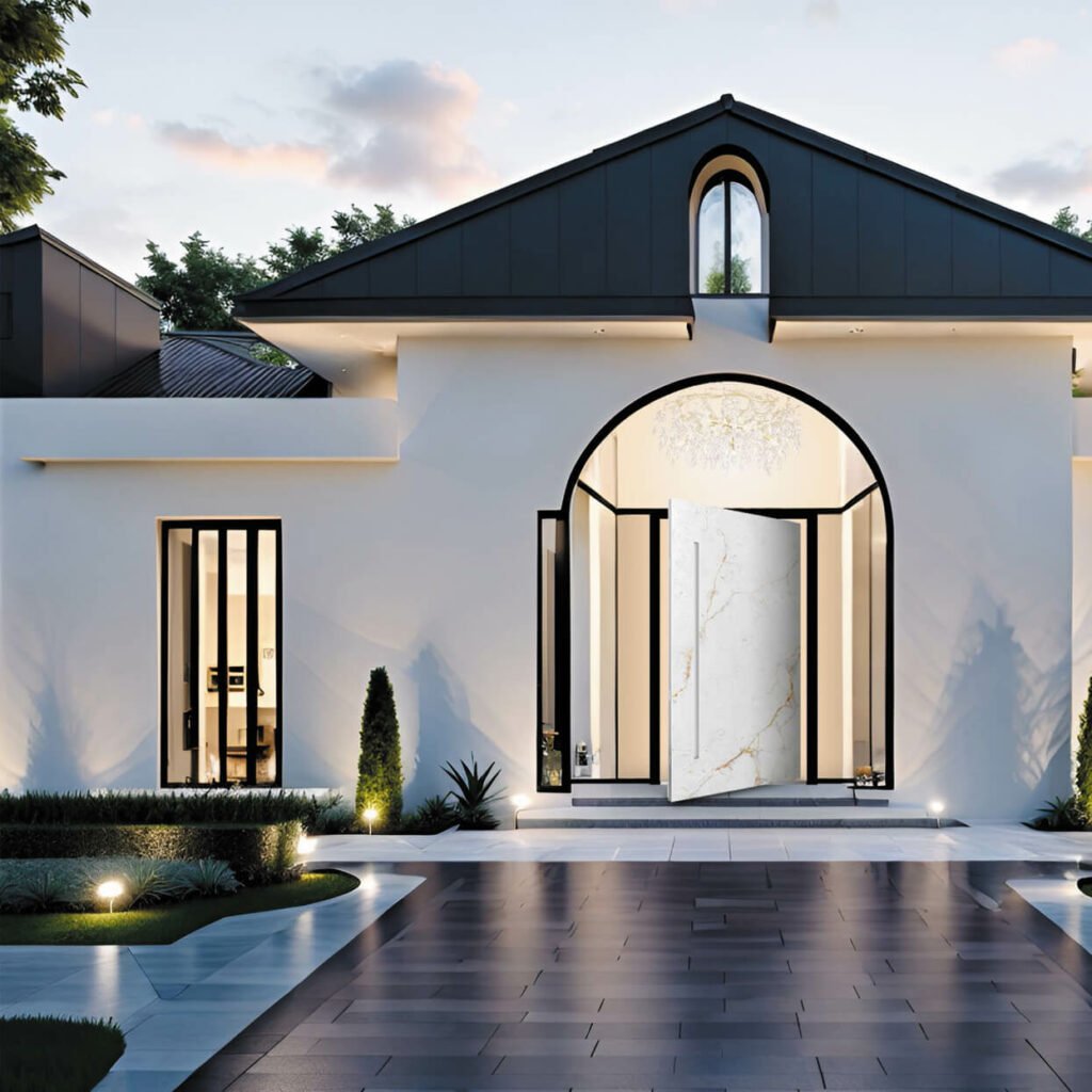 Modern home entrance featuring elegant Pivot doors with a sleek design and contemporary appeal