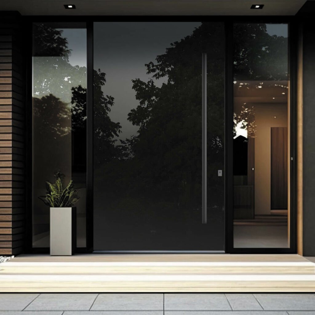 Modern home entrance featuring elegant Pivot doors with a sleek design and contemporary appeal