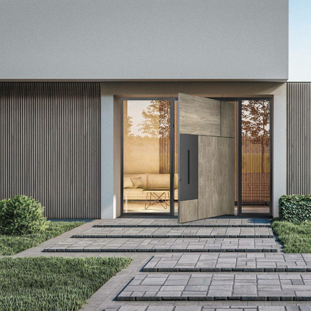 Modern home entrance featuring elegant Pivot doors with a sleek design and contemporary appeal